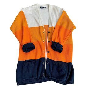 Docker's Womens Striped Chunky Long Cardigan Orange Blue White Sweater Denver Br